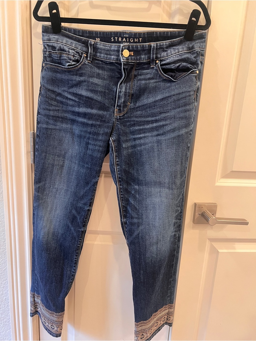 White House Black Market Medium Blue Straight Ankle Jeans with Embroidered Hem